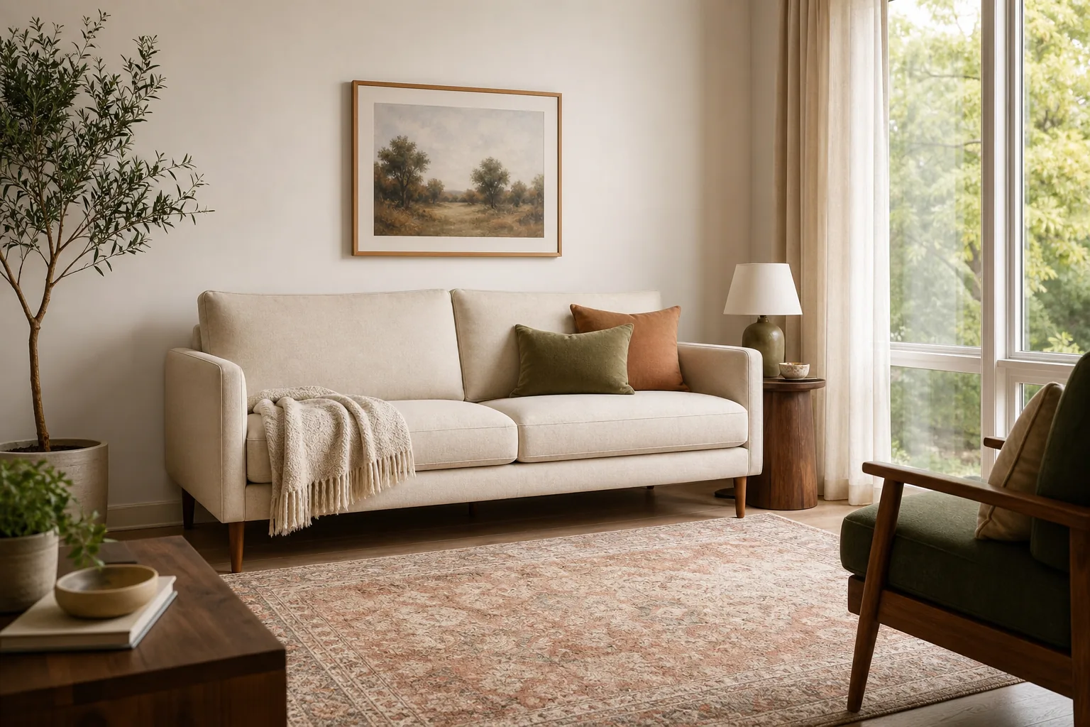 Small living room with a compact cream sofa on visible wood legs