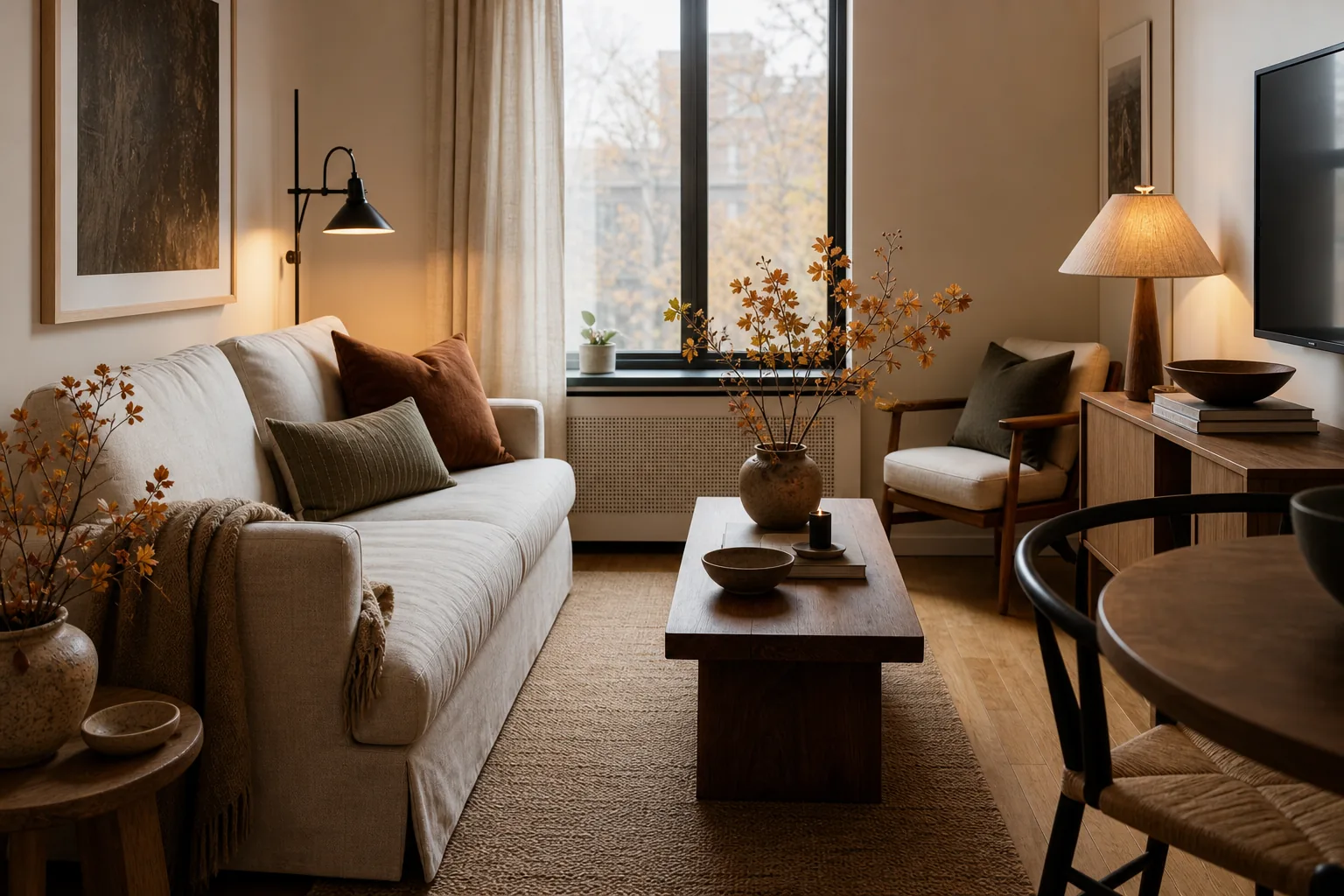 Small living room with a warm cream, rust, camel and olive fall color palette