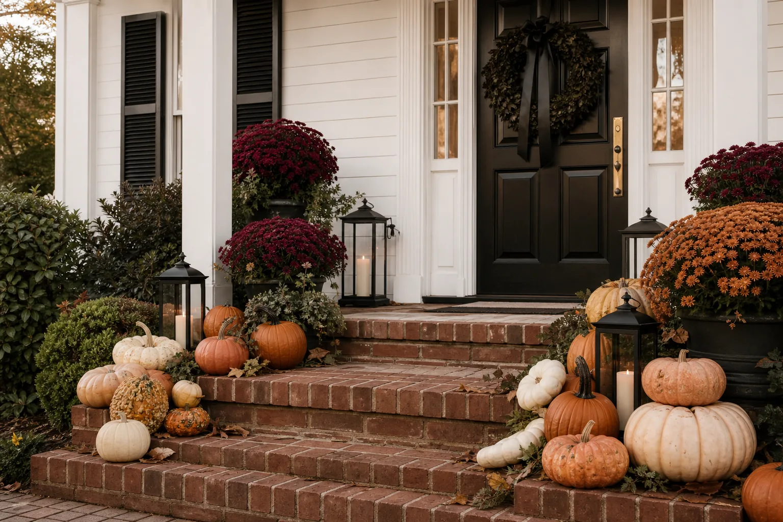 23 Halloween Porch Ideas for 2026 That Look Spooky, Stylish and Expensive 2 Elegant Halloween porch steps layered with heirloom pumpkins, burgundy mums and black lanterns