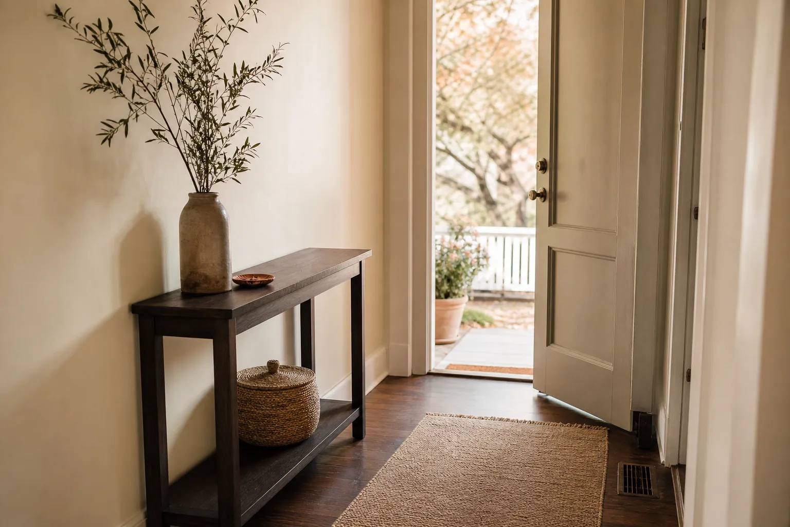 Restrained fall entryway with an olive branch, woven basket and warm rust accents