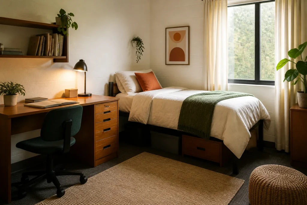 Warm cream, olive, and rust color palette in a tidy small dorm room