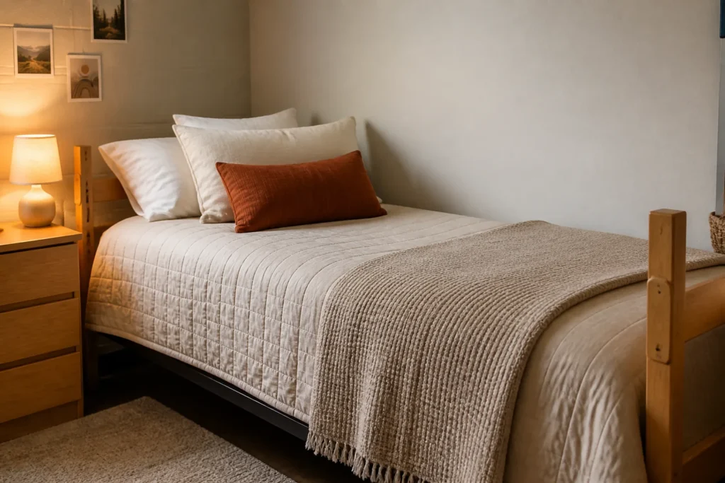 Layered neutral dorm bedding with a quilt, lightweight throw, and two accent pillows