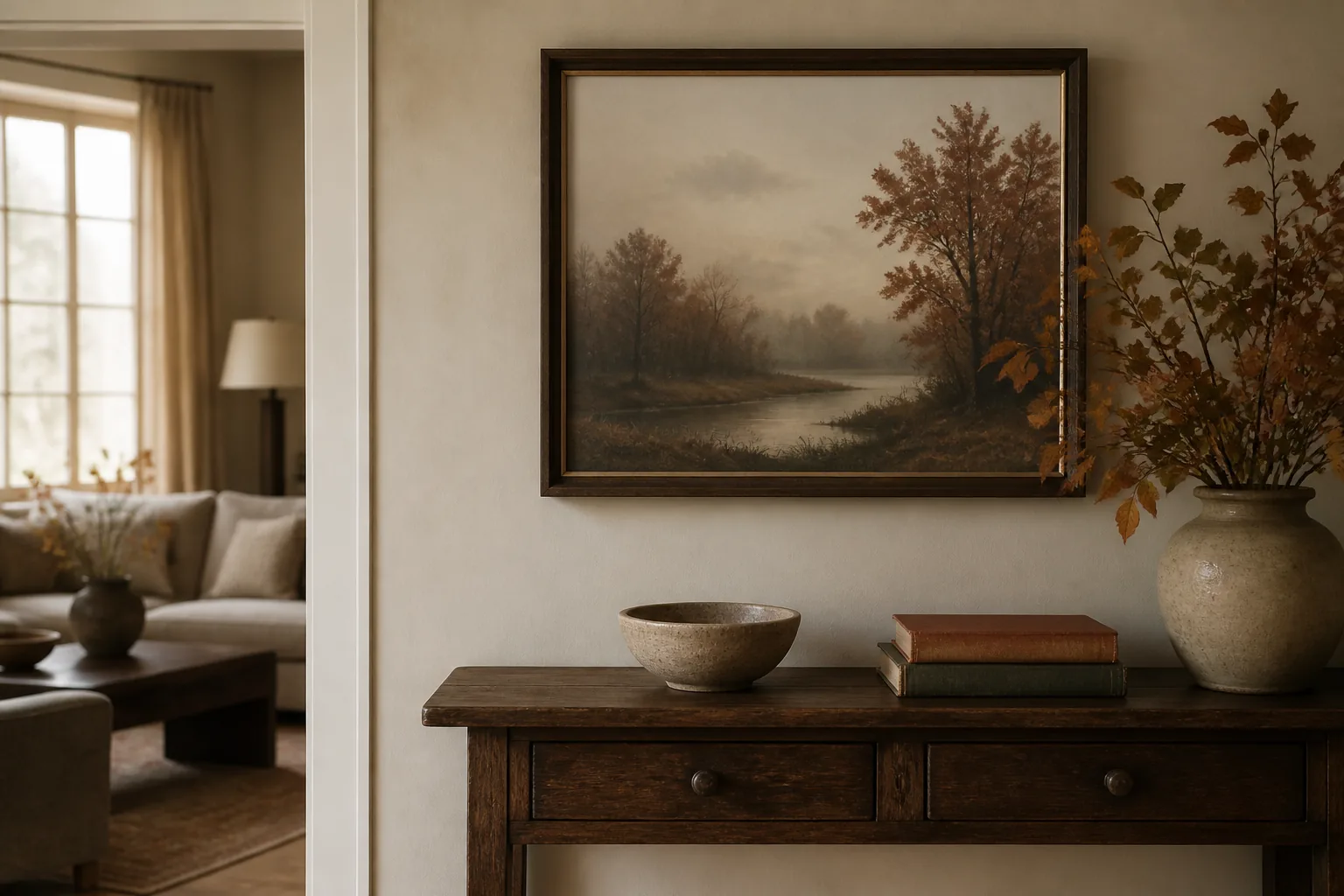 Vintage-style autumn landscape art above a simple entry console
