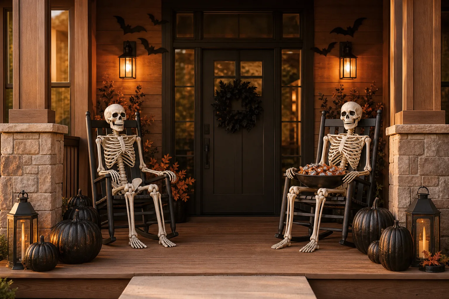 23 Halloween Porch Ideas for 2026 That Look Spooky, Stylish and Expensive 3 Two decorative skeletons seated in rocking chairs on a warm Halloween porch