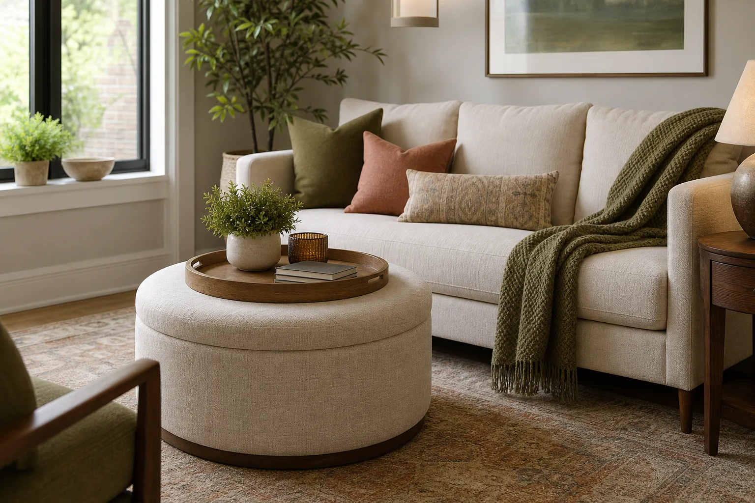 Round storage ottoman used as a coffee table in a compact living room