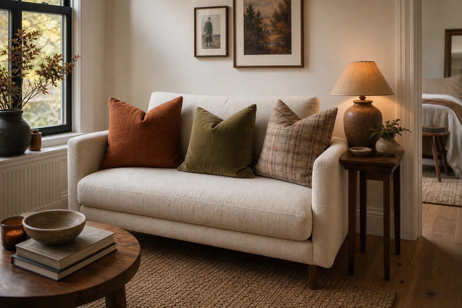 Compact cream sofa with three coordinated rust, olive and plaid fall pillow covers