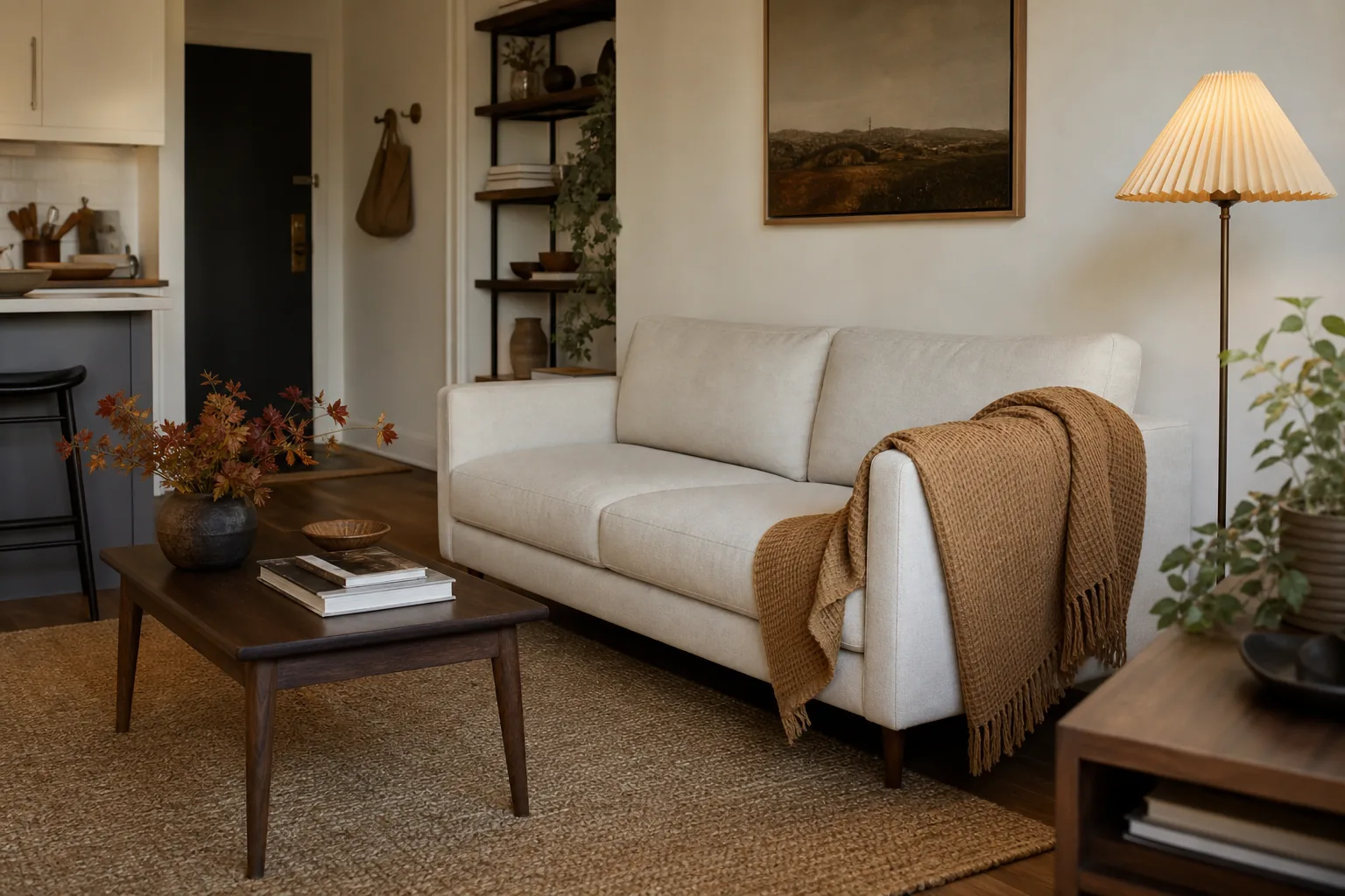 Small sofa styled with one camel waffle-weave throw and uncluttered seating