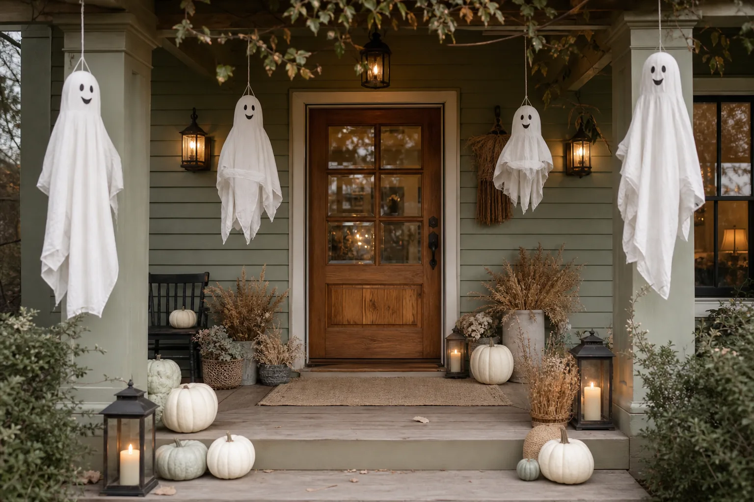 23 Halloween Porch Ideas for 2026 That Look Spooky, Stylish and Expensive 4 Family-friendly white fabric ghosts floating around a sage green Halloween porch