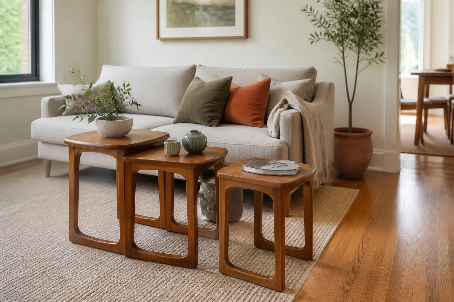 Two warm wood nesting tables beside a compact apartment sofa