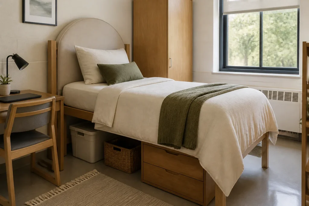 Compact upholstered headboard attached to a twin XL dorm bed without wall drilling