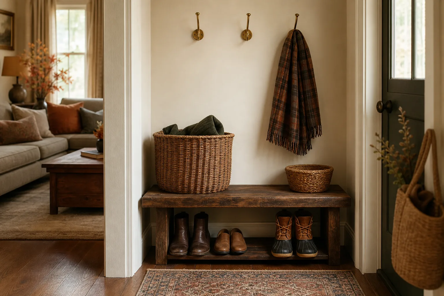 Practical entry storage styled with woven baskets and a folded plaid scarf