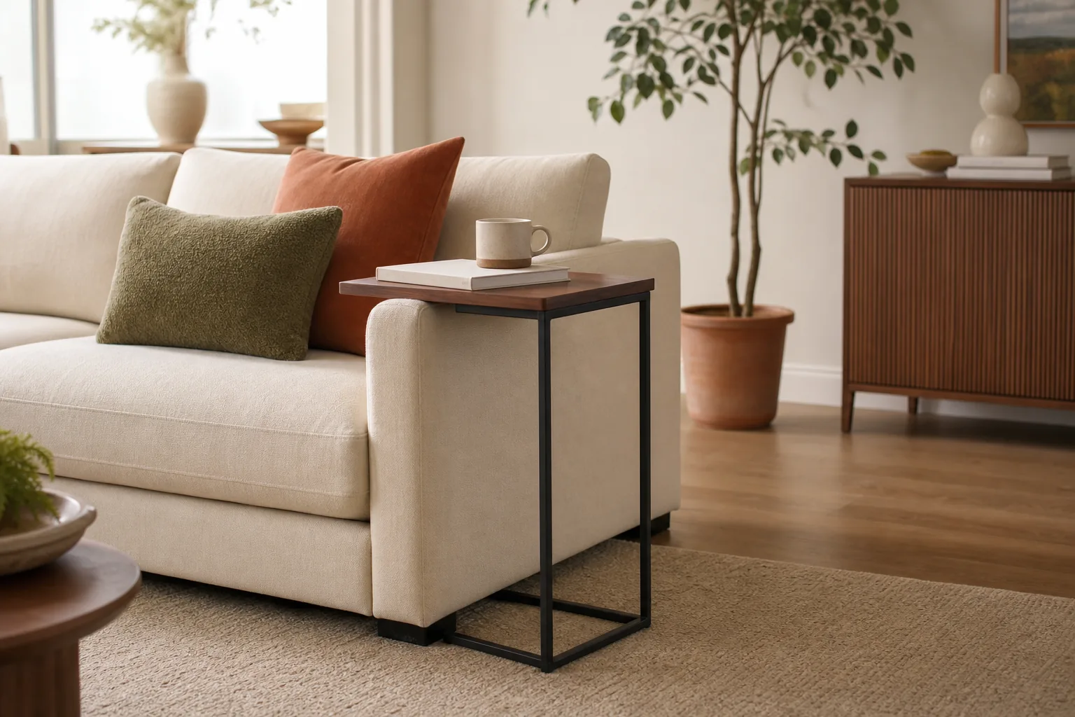 Slim C-shaped side table sliding over the arm of a small sofa
