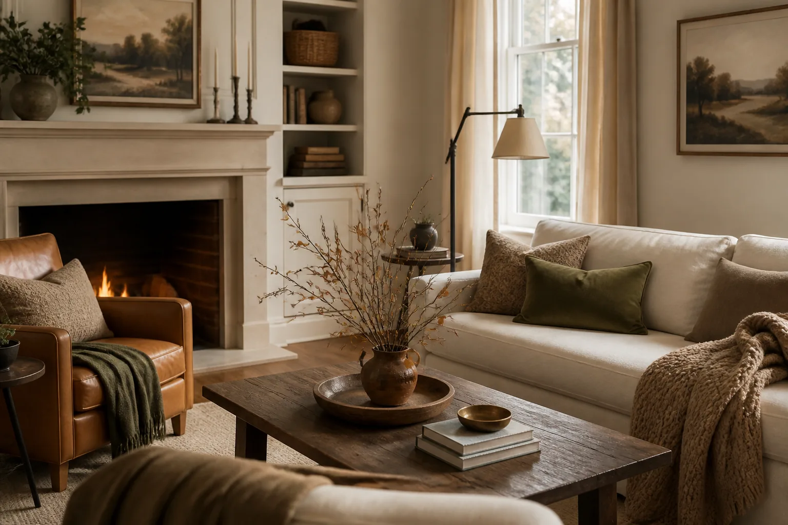 Cozy living room in cream, camel and deep olive fall colors
