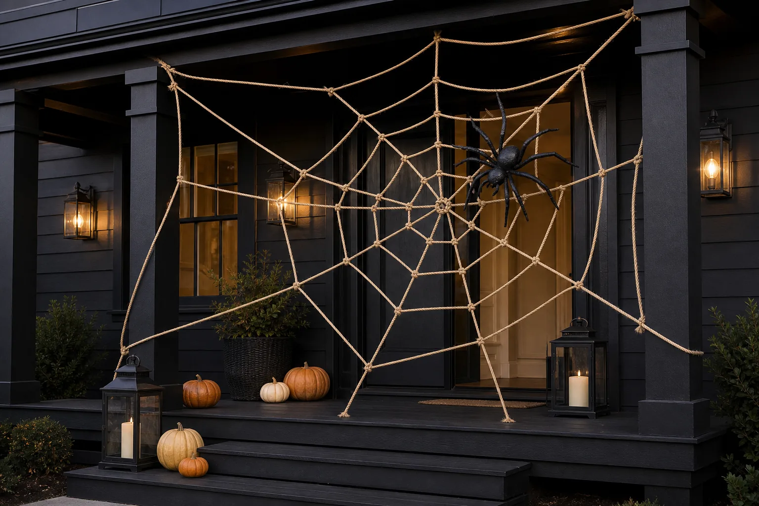 23 Halloween Porch Ideas for 2026 That Look Spooky, Stylish and Expensive 5 Oversized handmade rope spiderweb stretched between black farmhouse porch columns