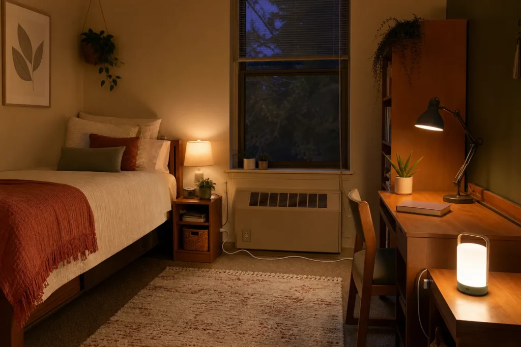 Small dorm room with warm task lamp, shaded bedside lamp, and soft ambient lighting