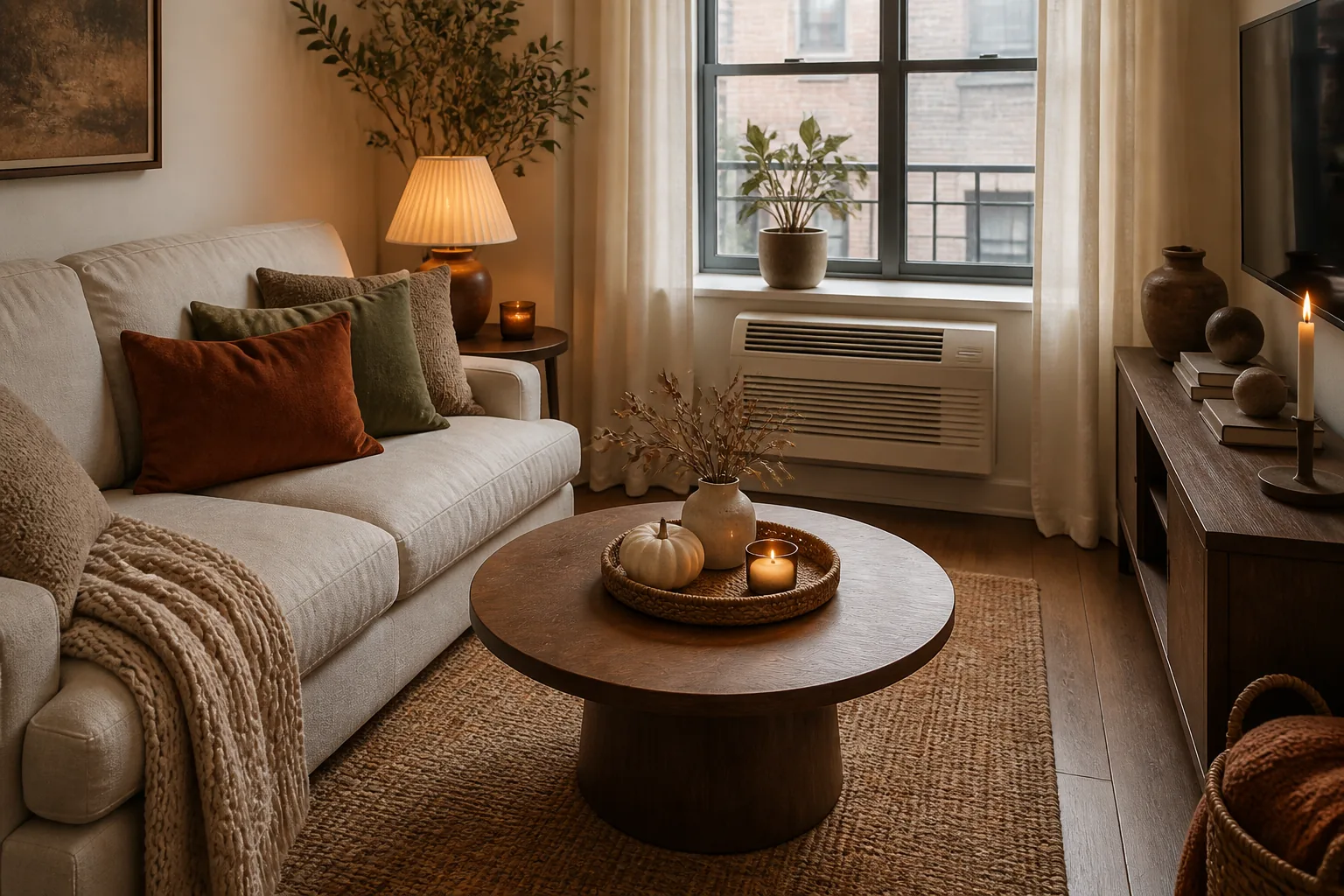 Petite round coffee table with a small woven tray, ceramic pumpkin, candle and short vase