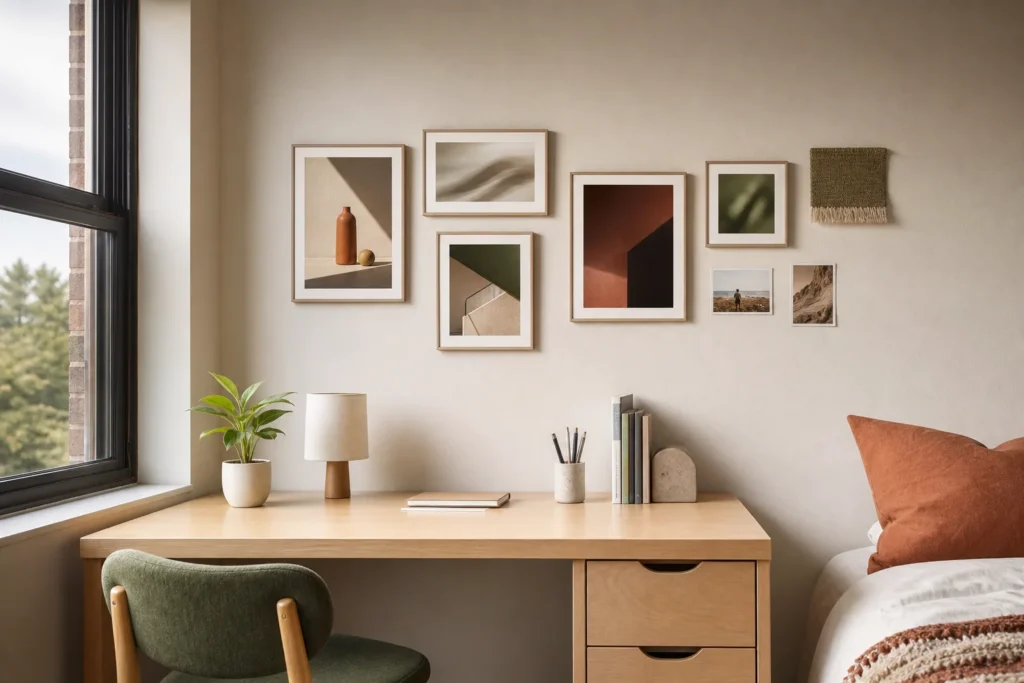 Small damage-free dorm gallery wall with framed art, postcards, and fabric swatches