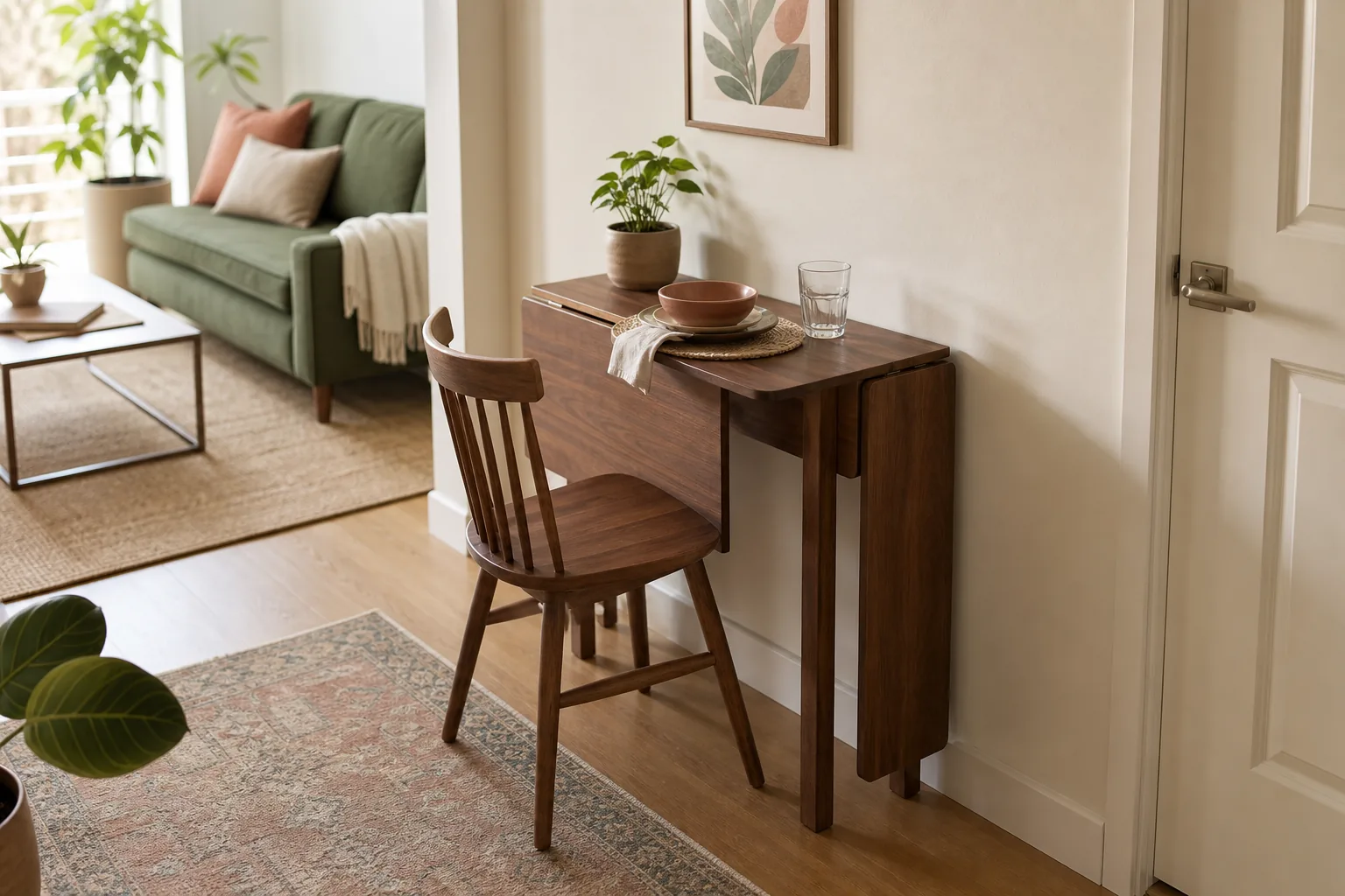 Compact wood drop-leaf dining table folded against an apartment wall