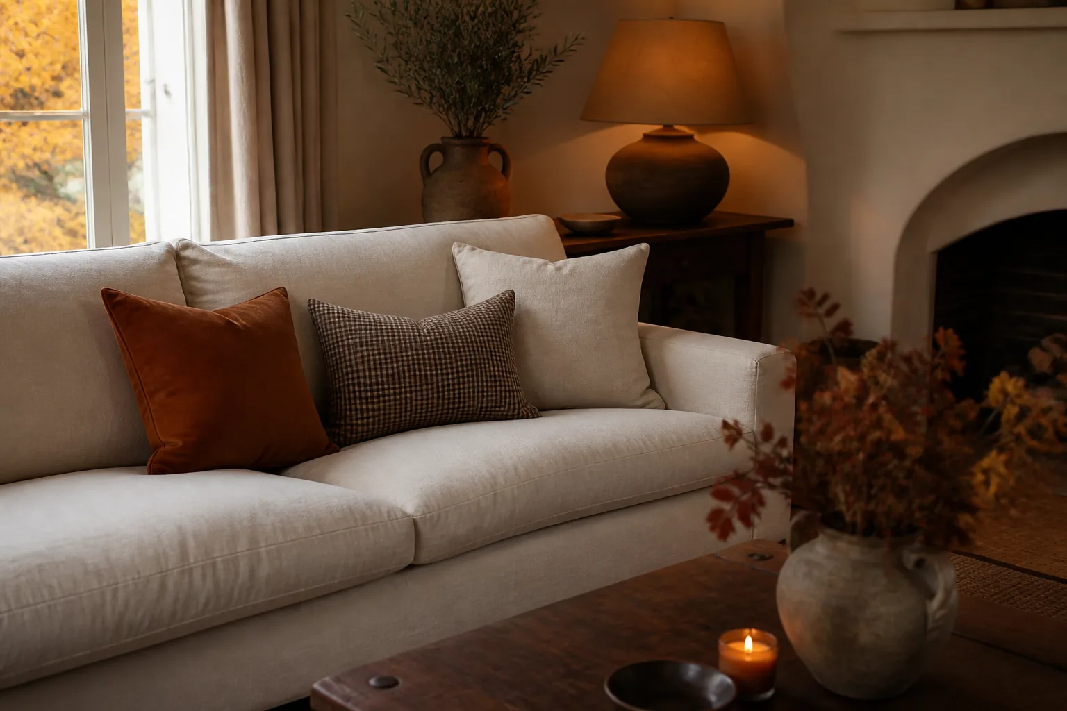 Neutral sofa with rust velvet and checked linen fall pillow covers