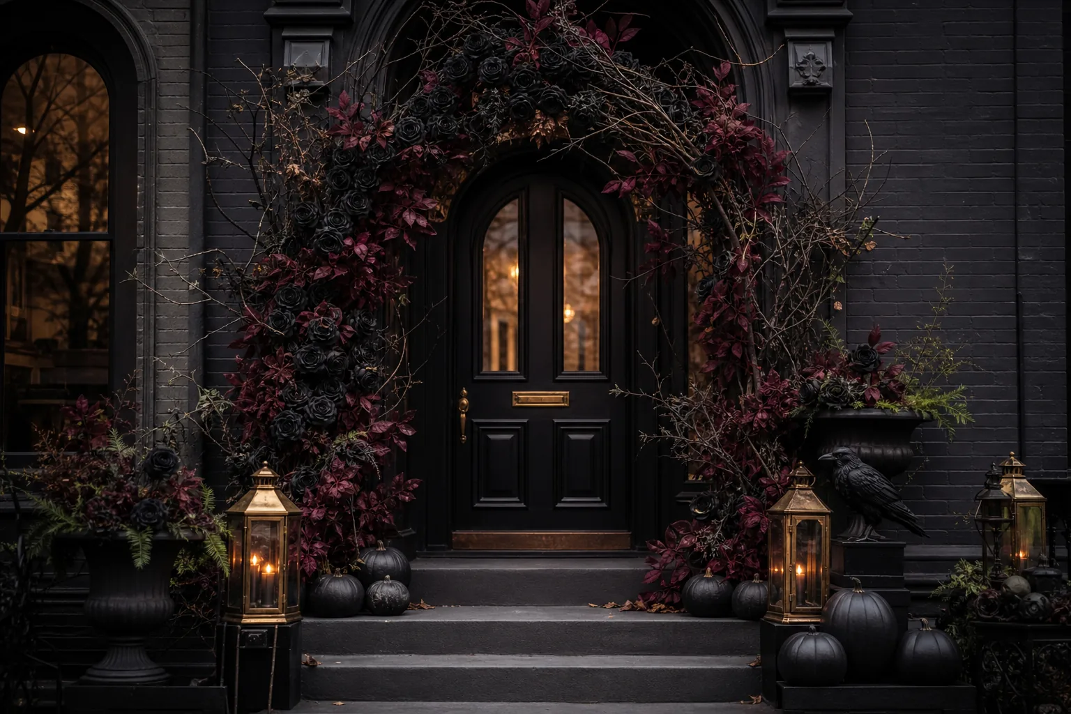 23 Halloween Porch Ideas for 2026 That Look Spooky, Stylish and Expensive 6 Gothic Halloween doorway framed by black roses, burgundy foliage and antique lanterns