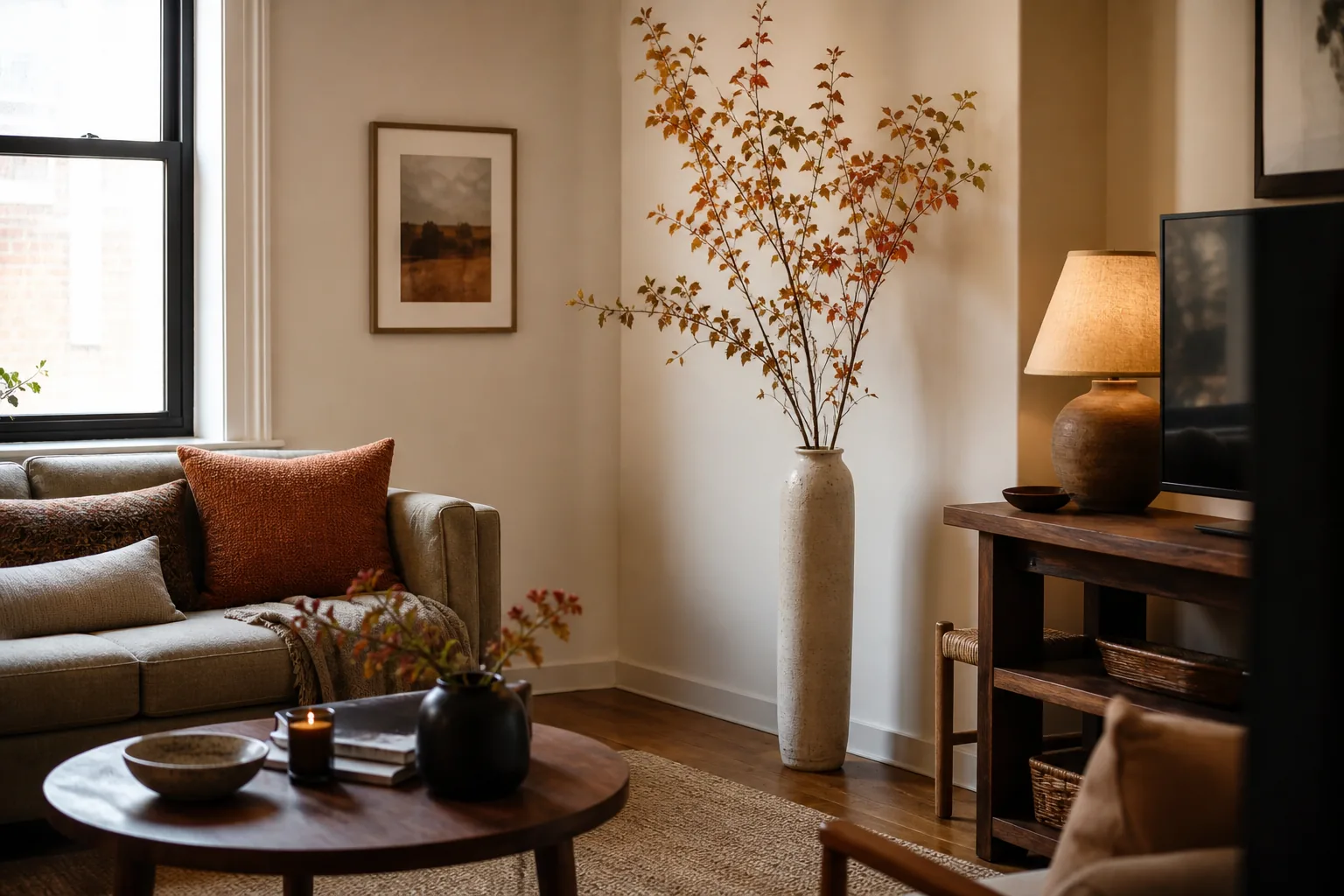 Tall narrow vase with airy autumn branches in the corner of a compact living room