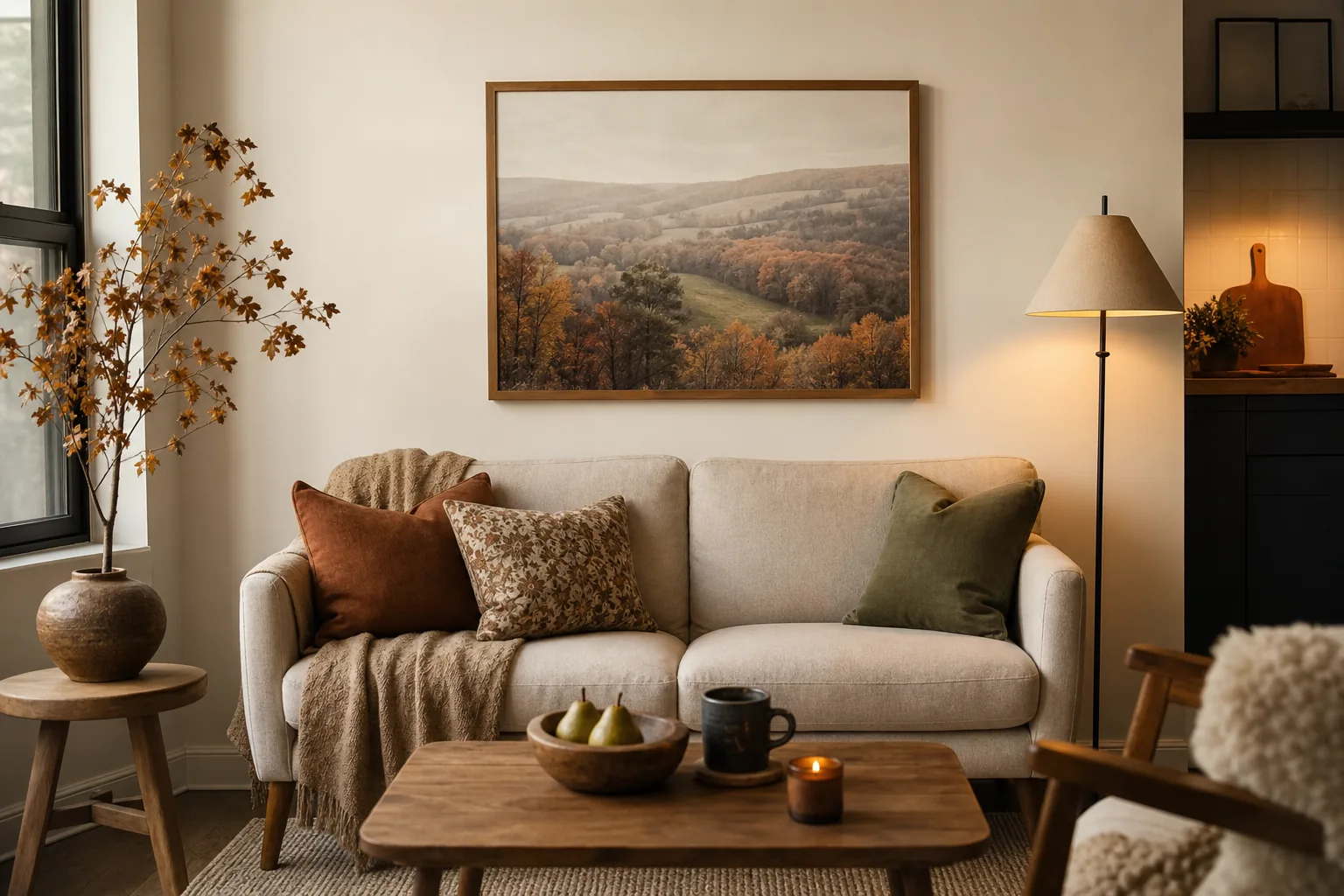 Small living room with one large muted autumn landscape print above the sofa