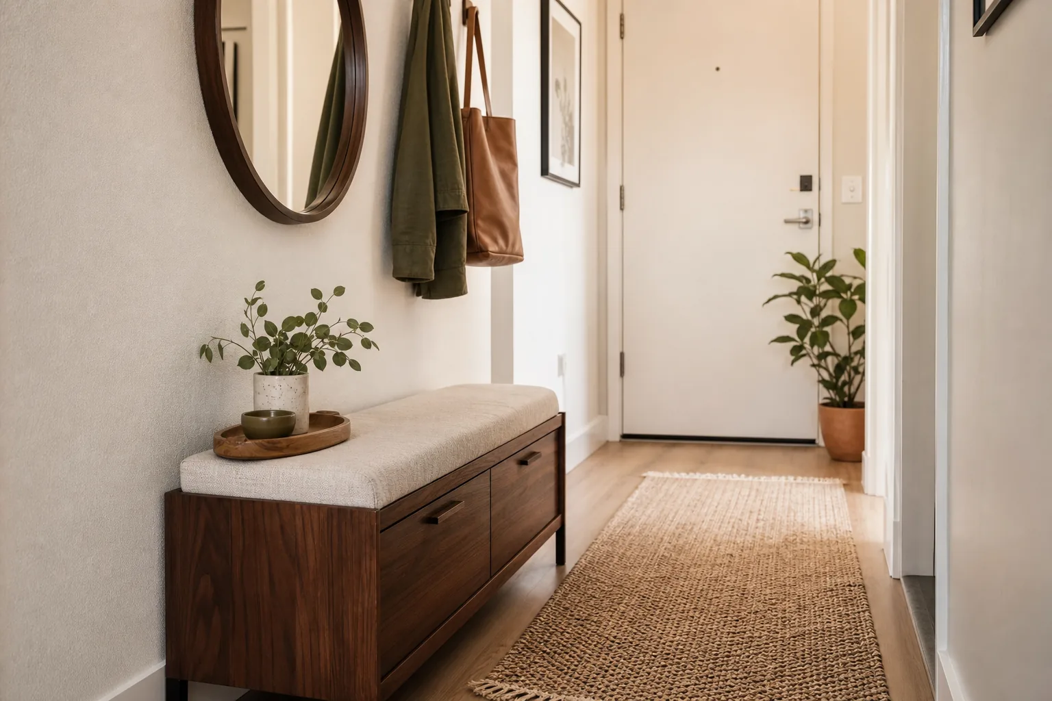Slim storage bench with drawers in a small apartment entryway