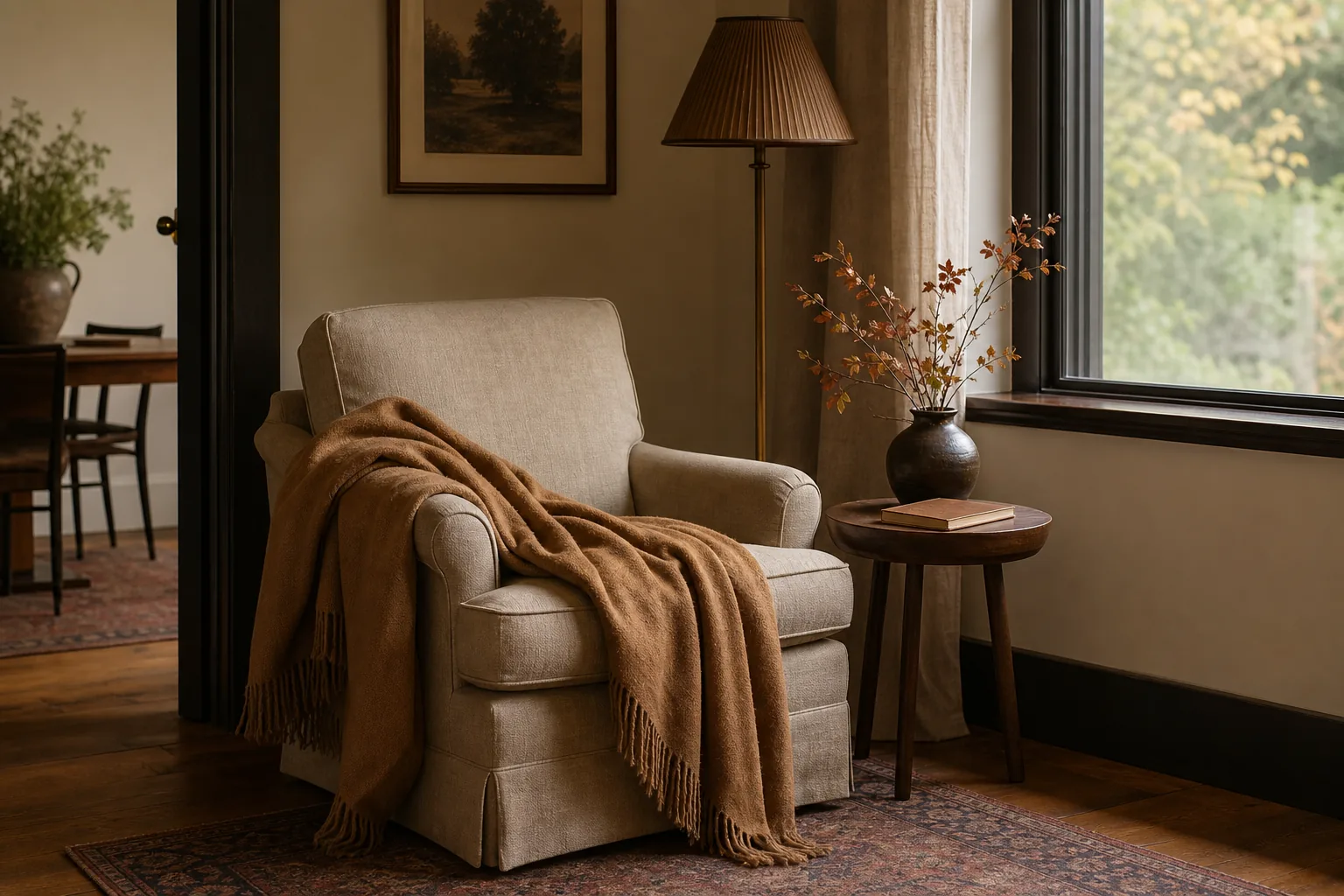 Soft camel throw draped naturally over a cozy reading chair