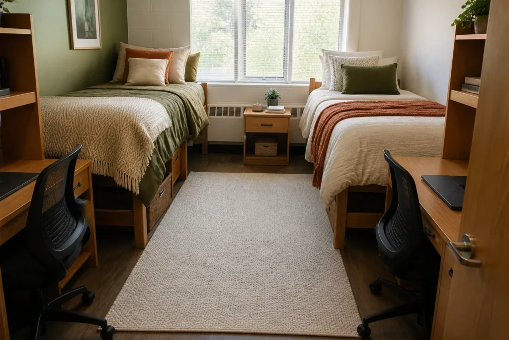 Low-pile washable rug defining the center of a compact shared dorm room