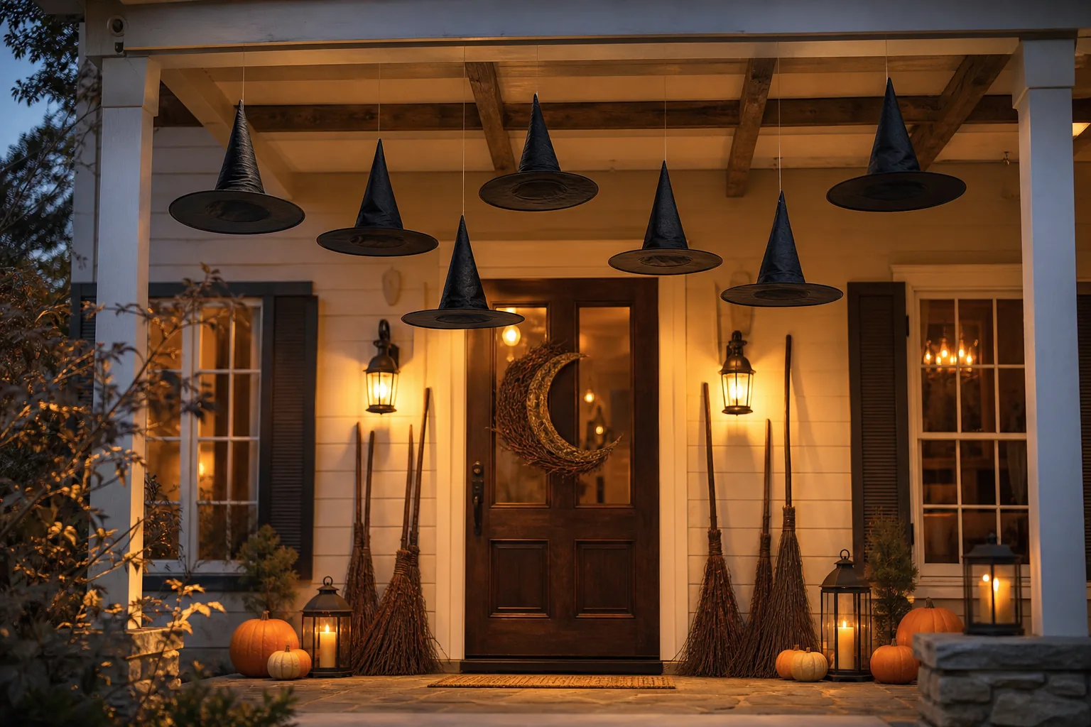 23 Halloween Porch Ideas for 2026 That Look Spooky, Stylish and Expensive 7 Black witch hats suspended above a warmly lit cottage Halloween porch