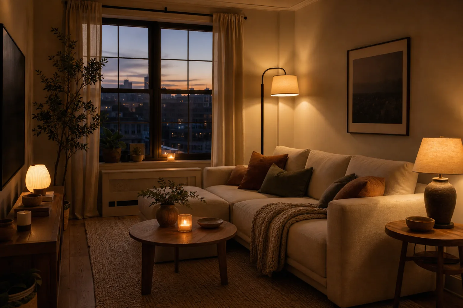 Cozy compact living room at dusk with a floor lamp, table lamp and flameless candlelight