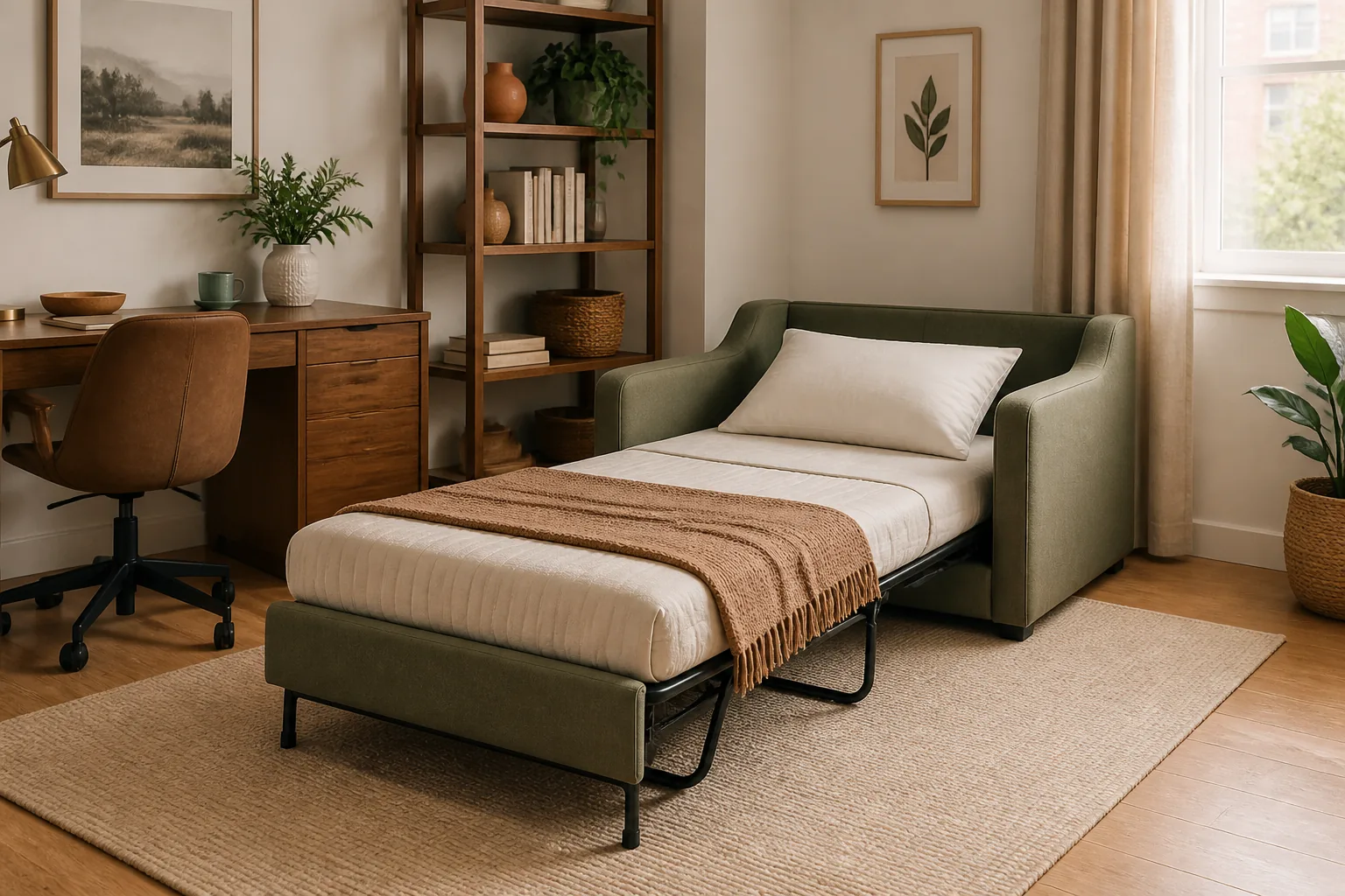 Upholstered sleeper chair opened into a single guest bed in a small room