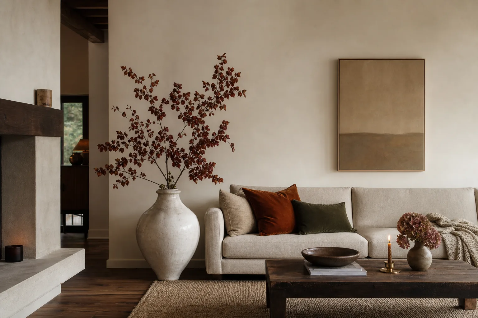 Tall burgundy autumn branches in a ceramic floor vase beside a sofa