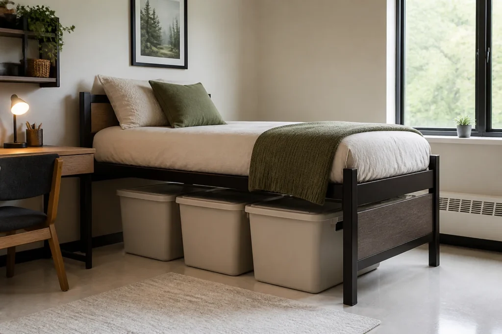 Organized under-bed dorm storage with matching lidded bins and clear walking space