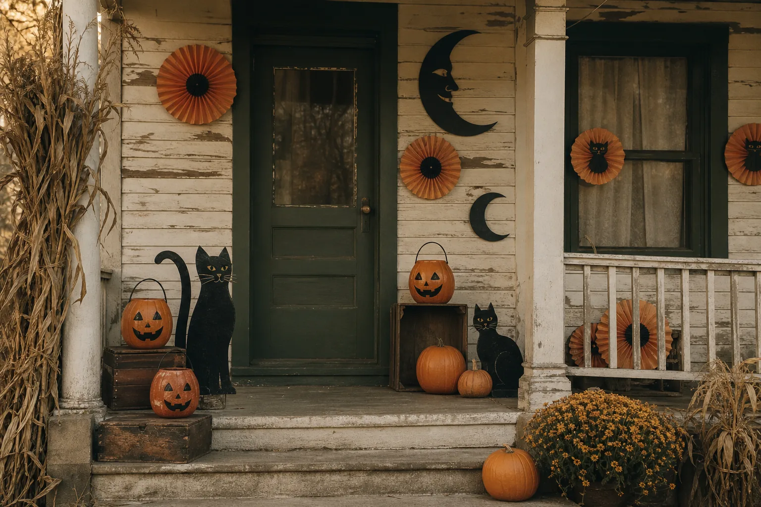 23 Halloween Porch Ideas for 2026 That Look Spooky, Stylish and Expensive 8 Vintage-inspired Halloween porch with black cat cutouts, crescent moons and pumpkin buckets