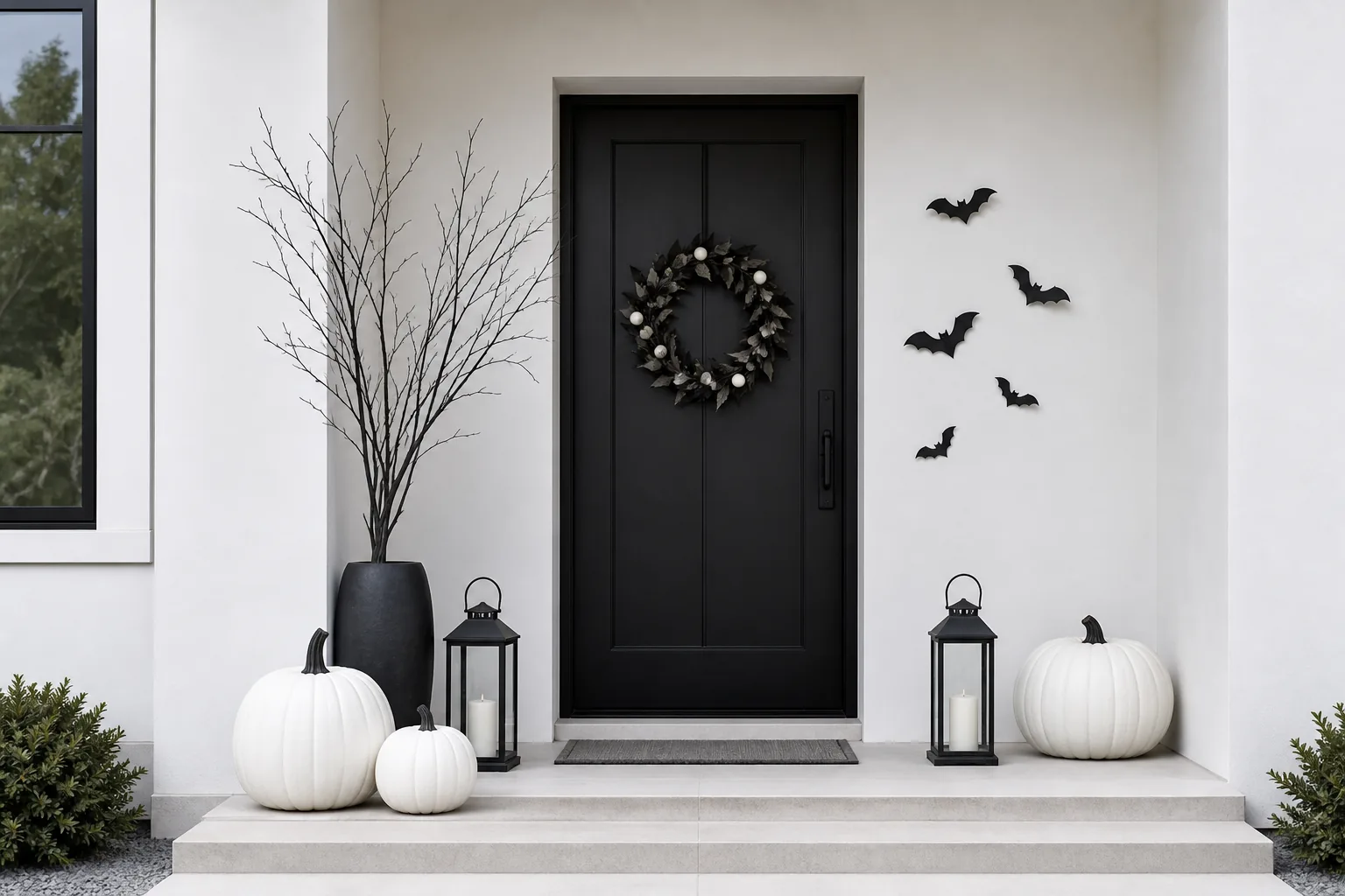 23 Halloween Porch Ideas for 2026 That Look Spooky, Stylish and Expensive 9 Minimal black and white Halloween porch with white pumpkins and sparse bat accents