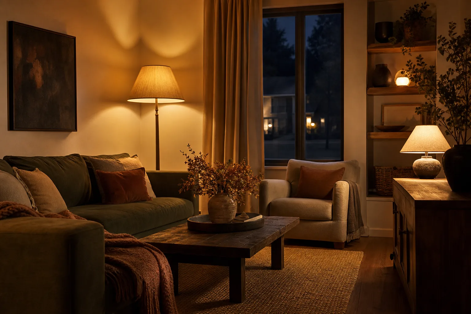 Living room lit by warm floor, table and shelf lamps on an autumn evening