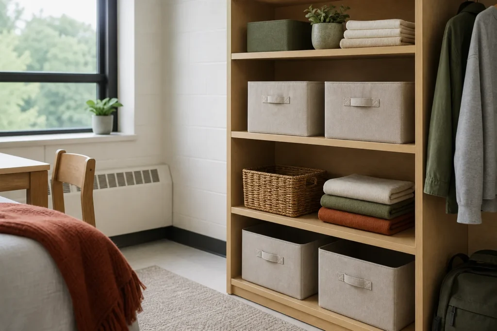 Open dorm shelf organized with matching oatmeal fabric bins and simple labels