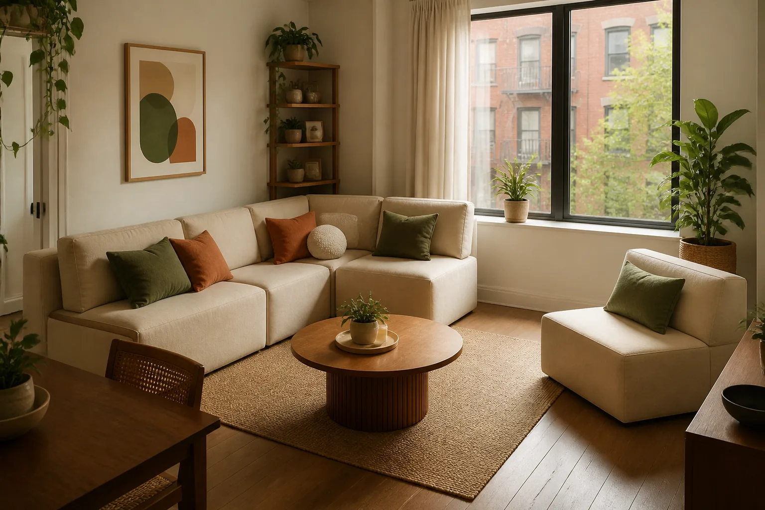 Compact modular sofa arranged to fit an awkward small living room