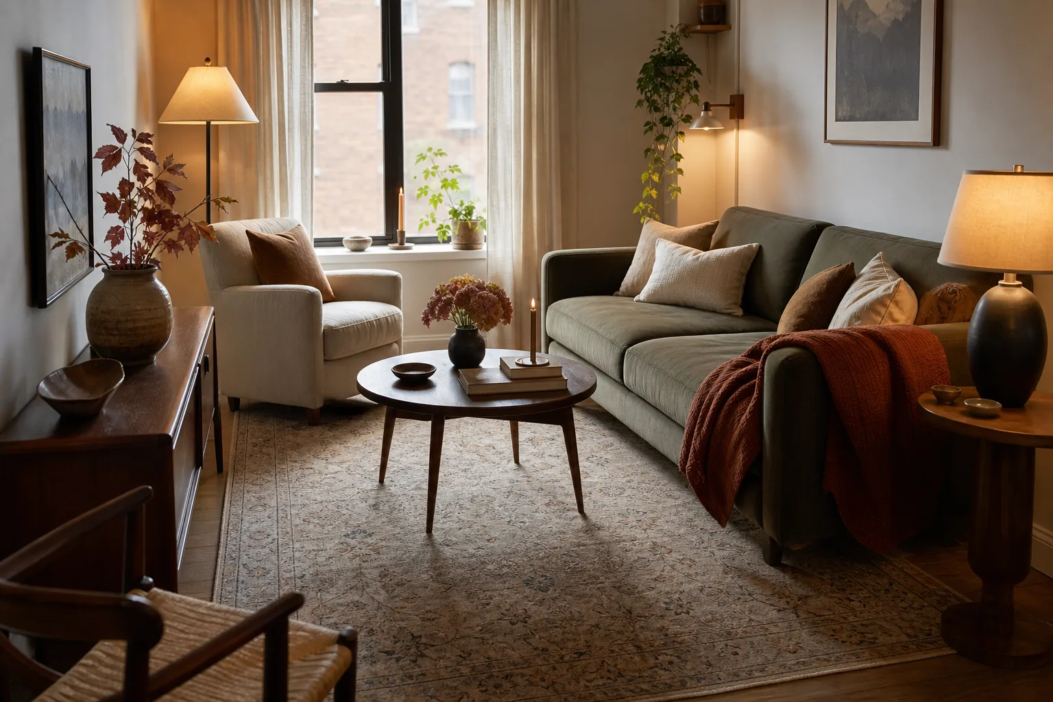 Compact fall living room with a large neutral vintage-style rug under the sofa and chair