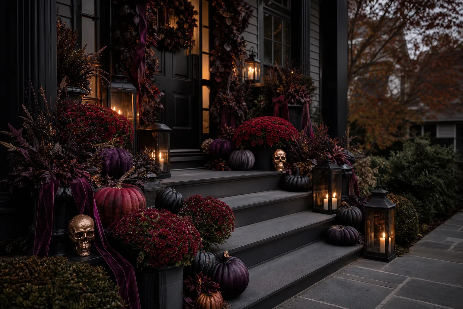 23 Halloween Porch Ideas for 2026 That Look Spooky, Stylish and Expensive 10 Luxurious Halloween porch styled with plum pumpkins, burgundy mums and smoky lanterns