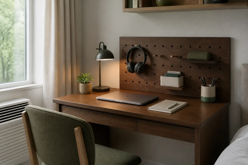 Dorm study desk with a freestanding pegboard, task lamp, and clear work surface