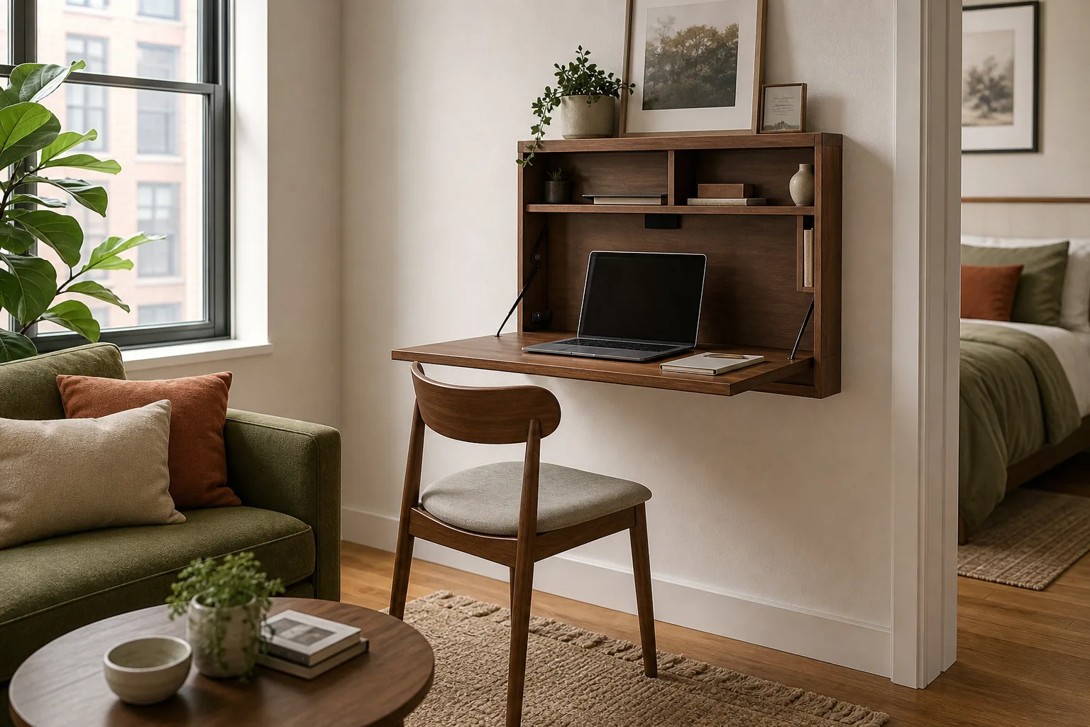 Wall-mounted fold-down desk creating a compact apartment workspace