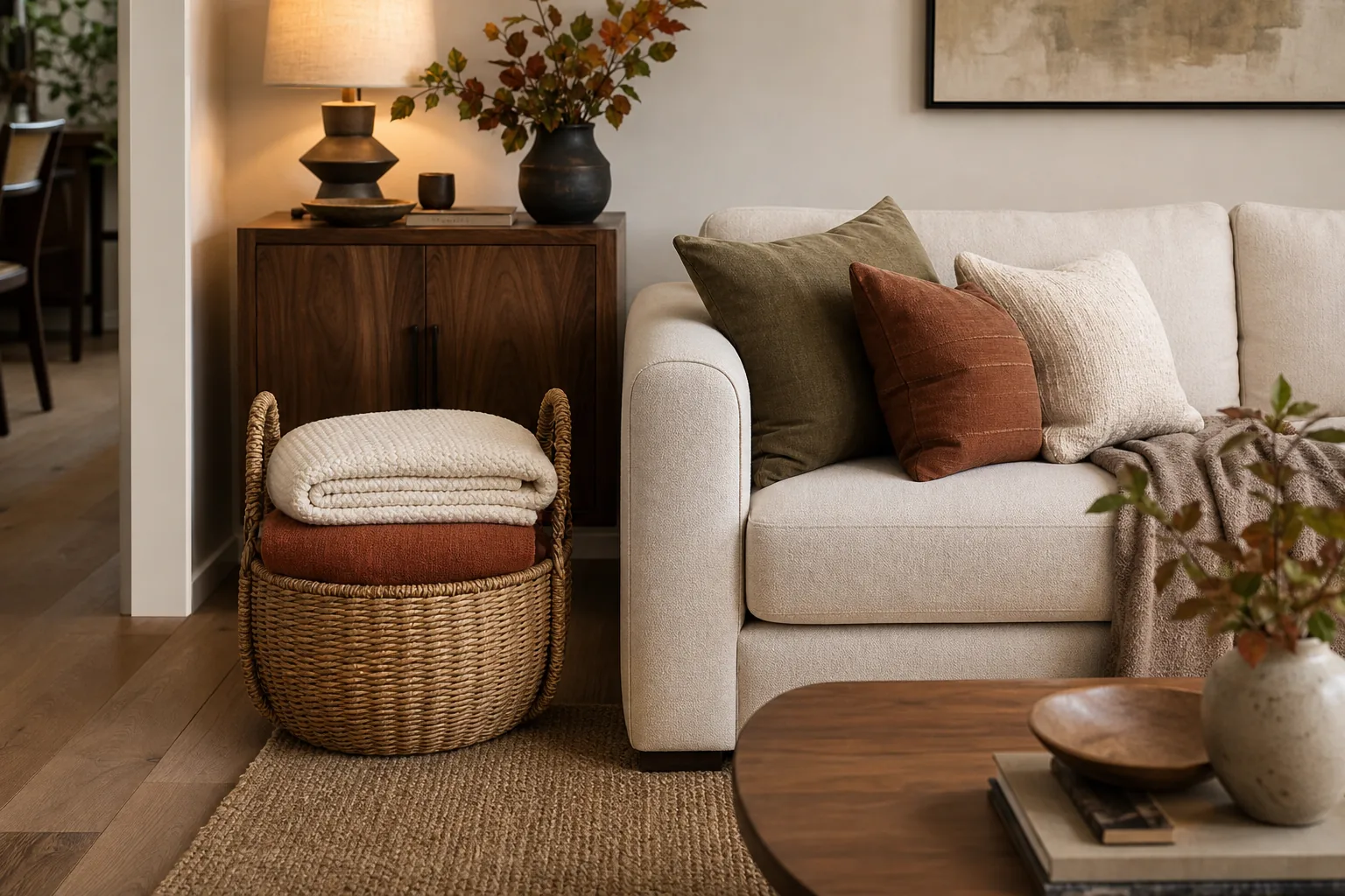 Woven basket beside a small sofa storing two neatly folded fall blankets