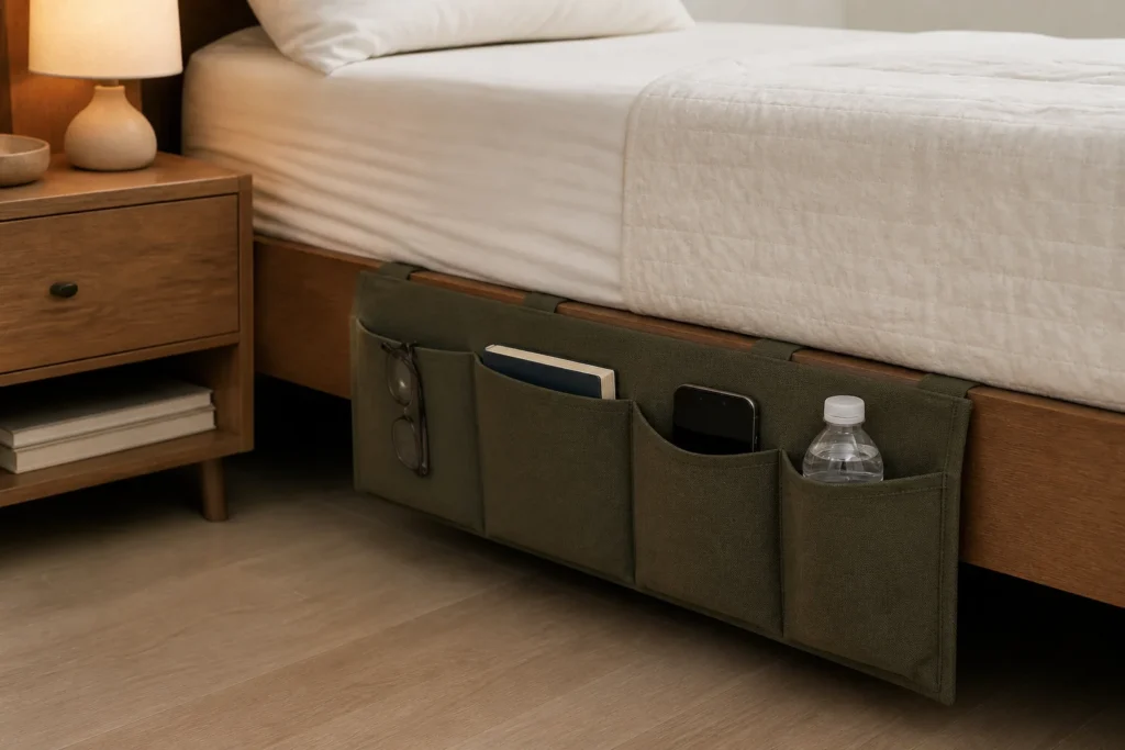 Slim bedside caddy holding a book, glasses, phone, and water bottle beside a dorm bed