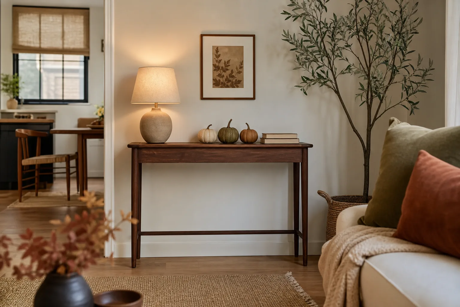 Small console with three grouped neutral mini pumpkins, books and empty surface space