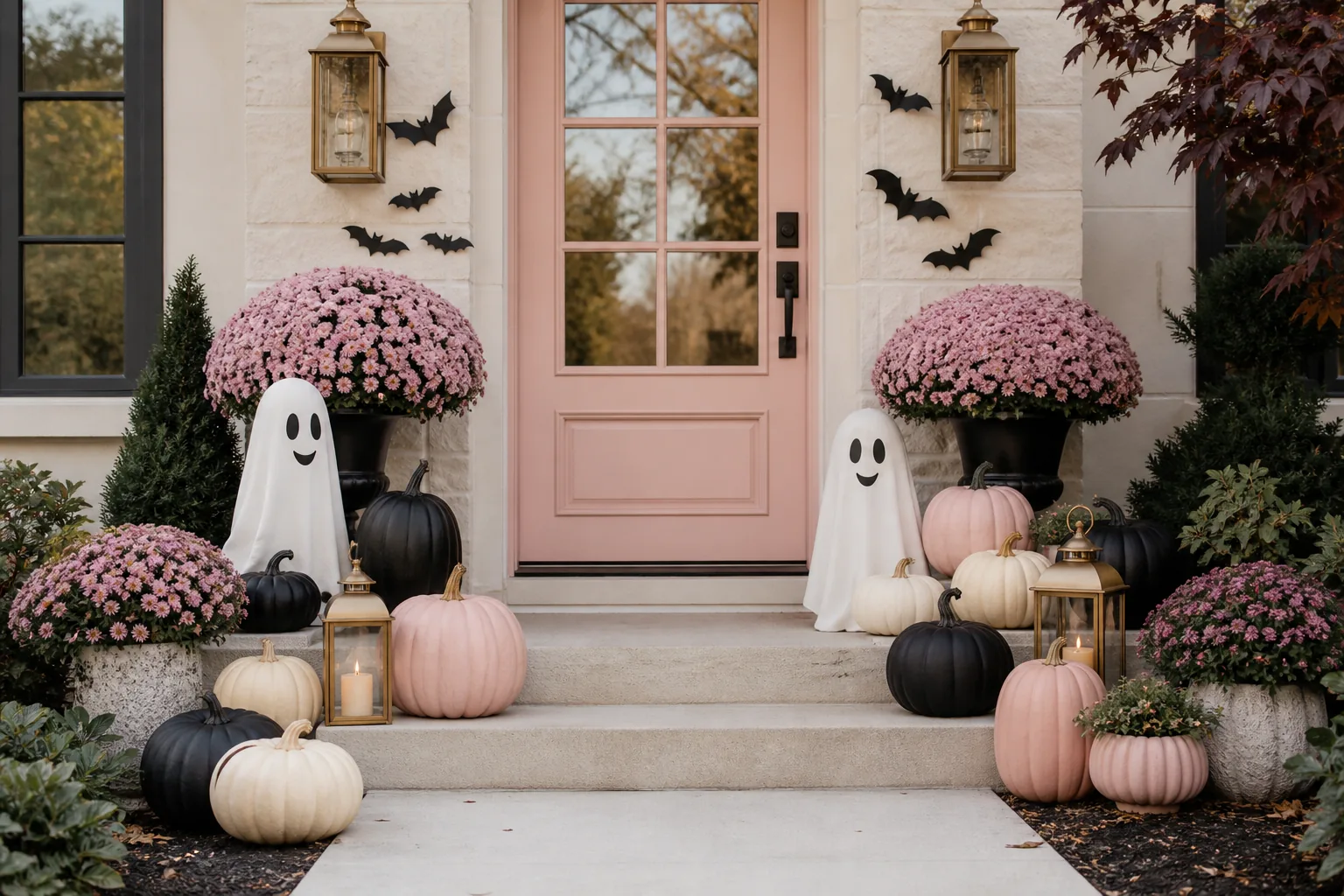 23 Halloween Porch Ideas for 2026 That Look Spooky, Stylish and Expensive 11 Pastel pink Halloween porch with blush pumpkins, friendly ghosts and black bats