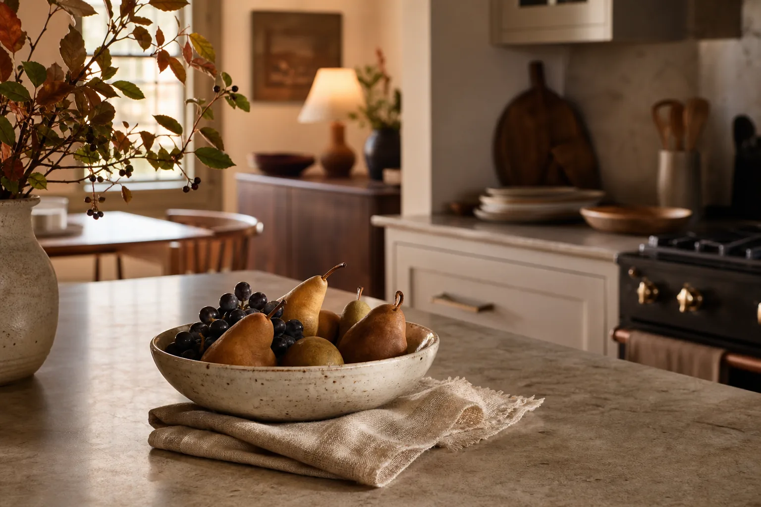 Shallow ceramic bowl filled with pears and dark grapes in a warm kitchen