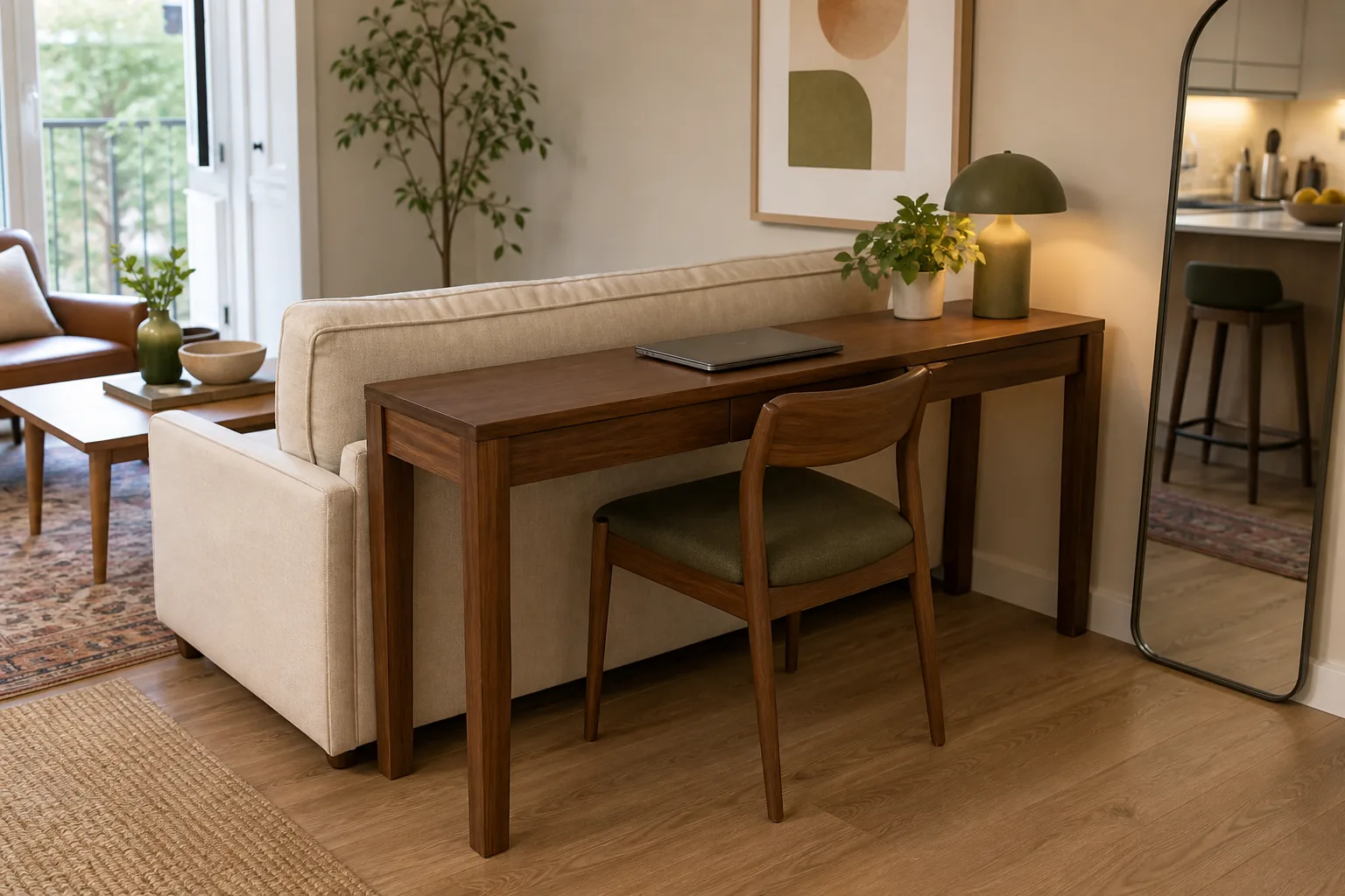 Narrow walnut console styled as a small-space desk behind a sofa