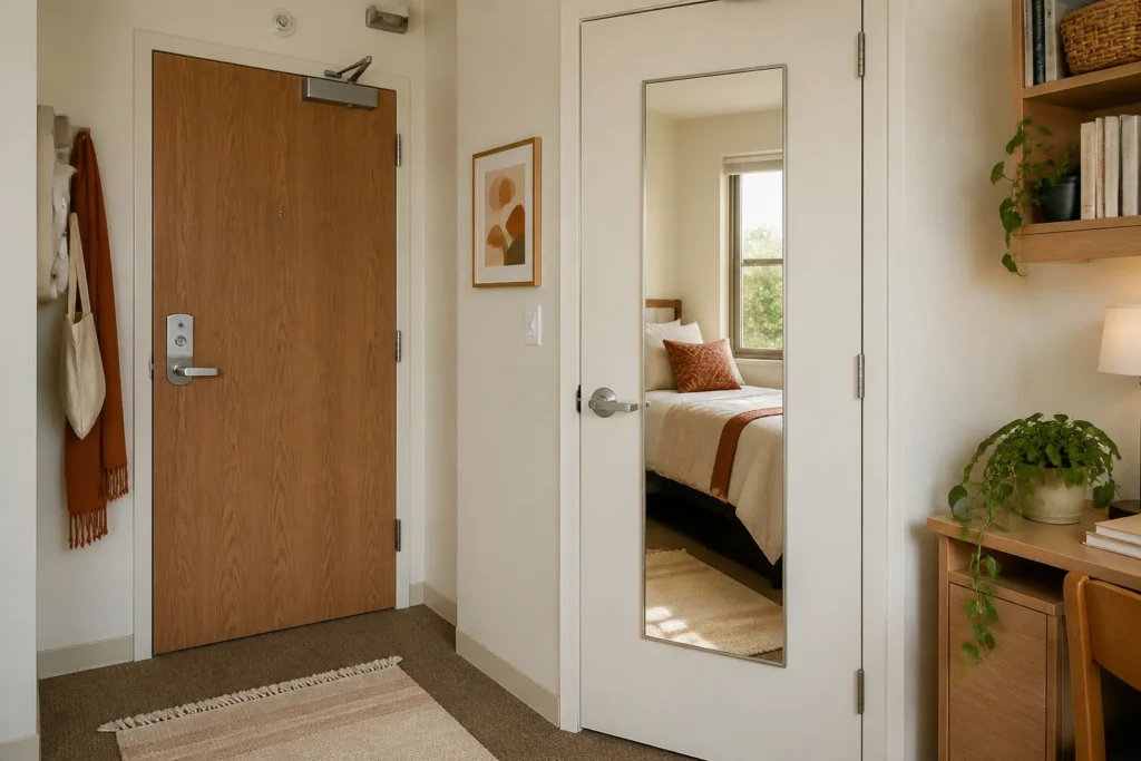 Slim full-length mirror mounted safely on a dorm closet door reflecting natural window light